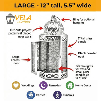Black Metal Decorative Moroccan Lantern Candle Holder Lamp - Indoor/Outdoor, Home Decor, Patio, Weddings, Christmas - Amber Large - PT06