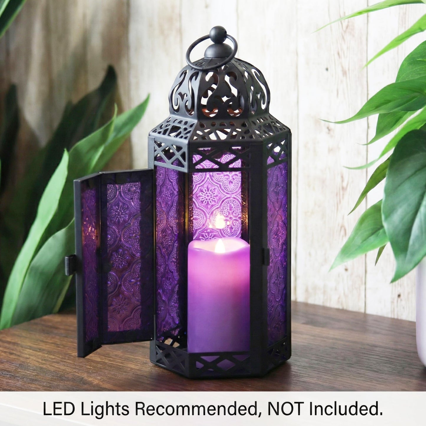 Black Metal Decorative Moroccan Lantern Candle Holder Lamp - Indoor/Outdoor, Home Decor, Patio, Weddings, Christmas - Purple Medium - PT07