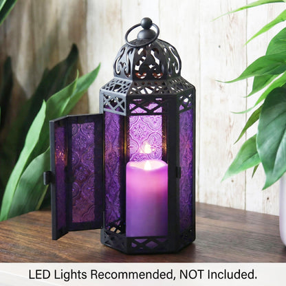 Black Metal Decorative Moroccan Lantern Candle Holder Lamp - Indoor/Outdoor, Home Decor, Patio, Weddings, Christmas - Purple Medium - PT07