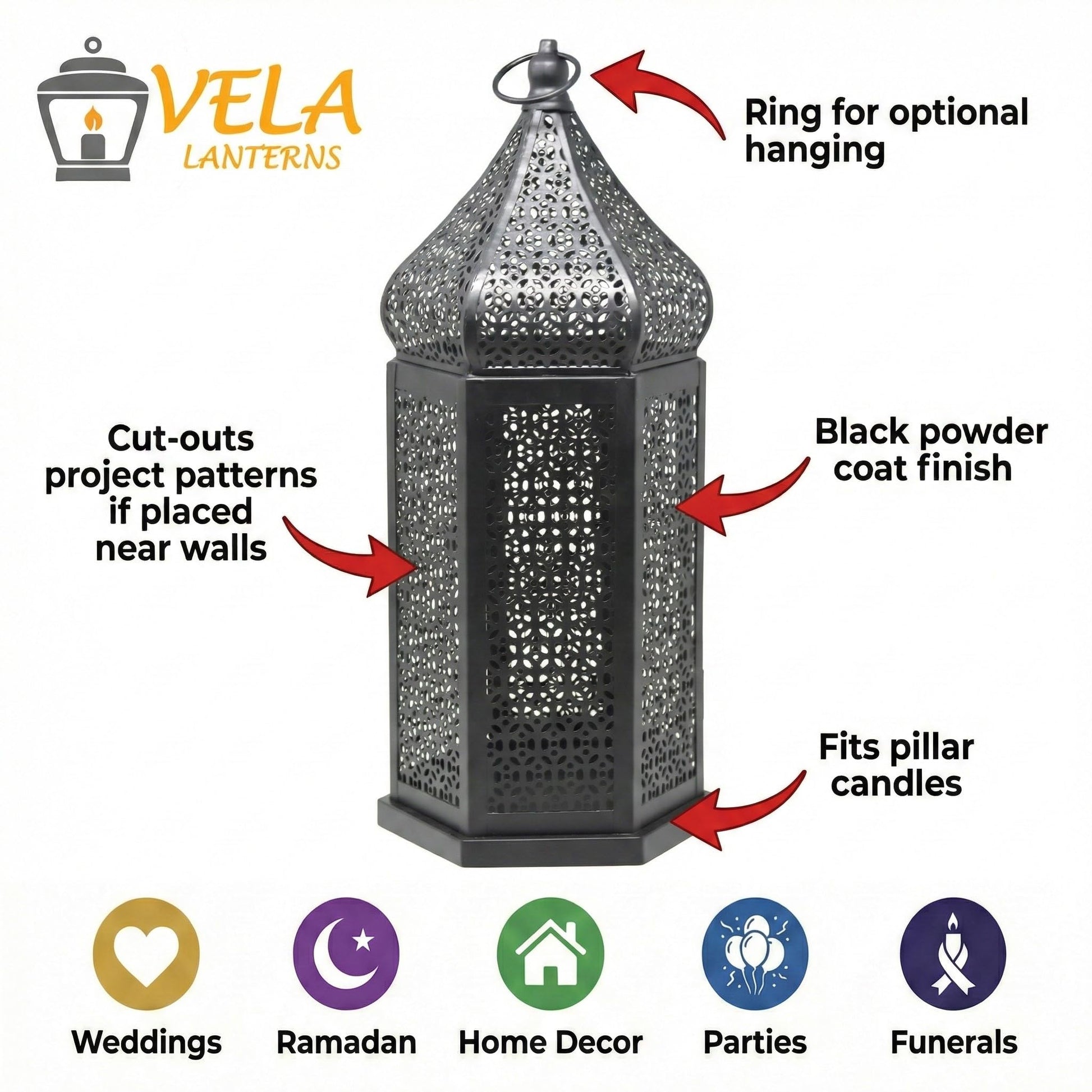 Tower Temple Moroccan Lantern Lamp Decorative Candle Holders - Black Set of 2 - PT04