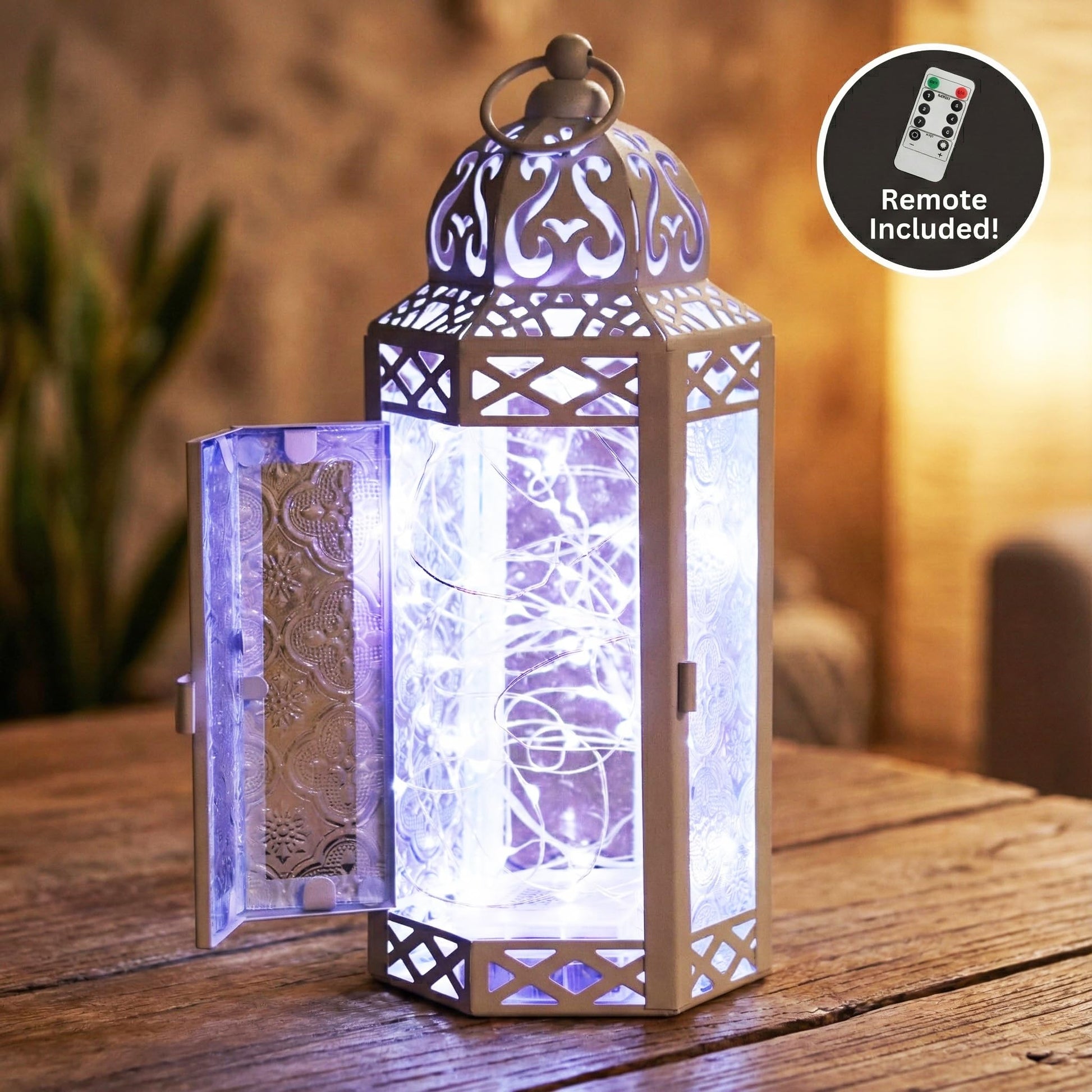Metal Moroccan Decorative LED Fairy Lights Candle Lantern Holders for Indoor Home Fantasy Decor, Table Centerpieces, Outdoor Patio or Porch, Weddings, Medium - White Medium - PT03