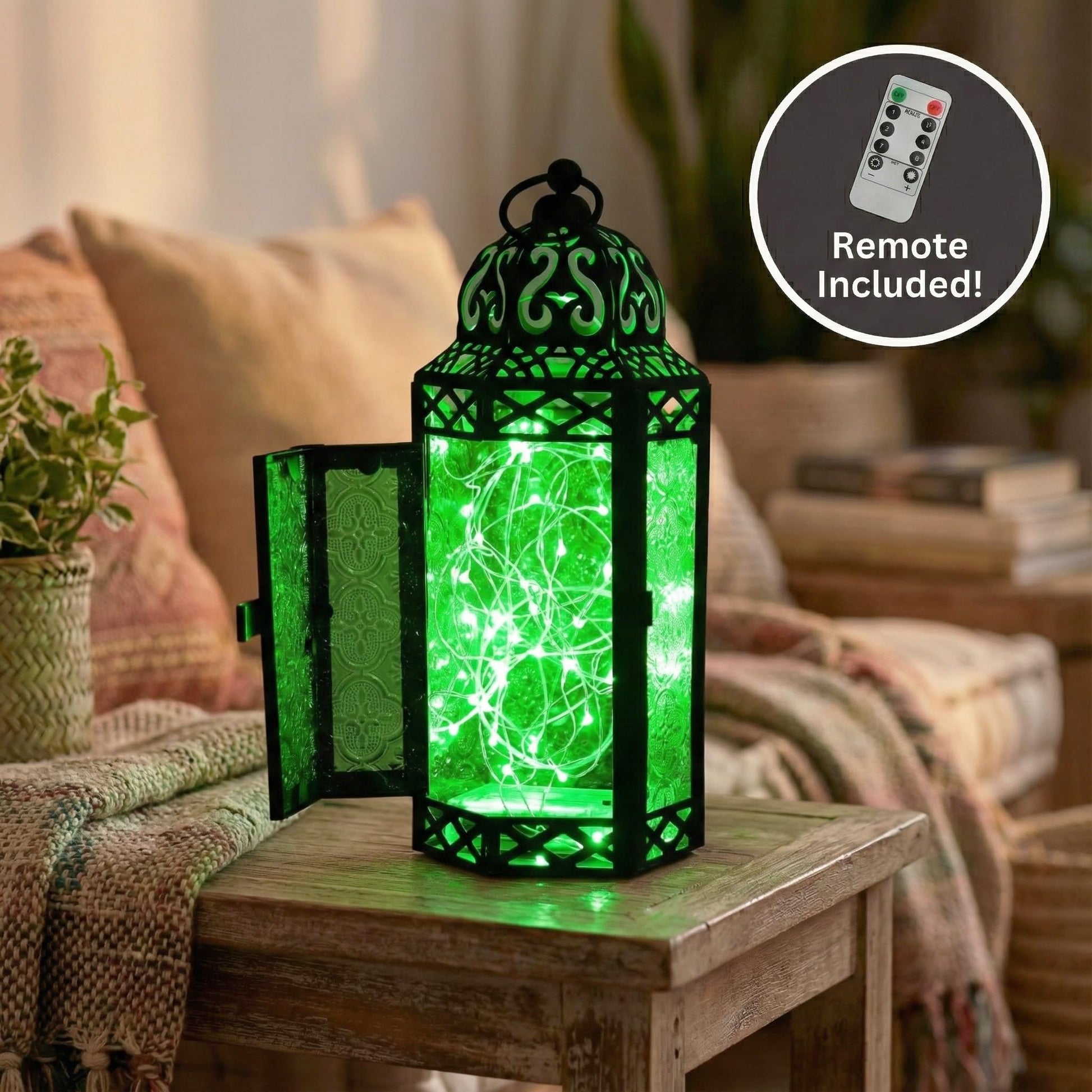 Metal Moroccan Decorative LED Fairy Lights Candle Lantern Holders for Indoor Home Fantasy Decor, Table Centerpieces, Outdoor Patio or Porch, Weddings, Medium - Green Medium - PT05
