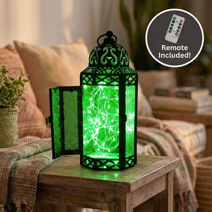 Metal Moroccan Decorative LED Fairy Lights Candle Lantern Holders for Indoor Home Fantasy Decor, Table Centerpieces, Outdoor Patio or Porch, Weddings, Medium - Green Medium - PT05