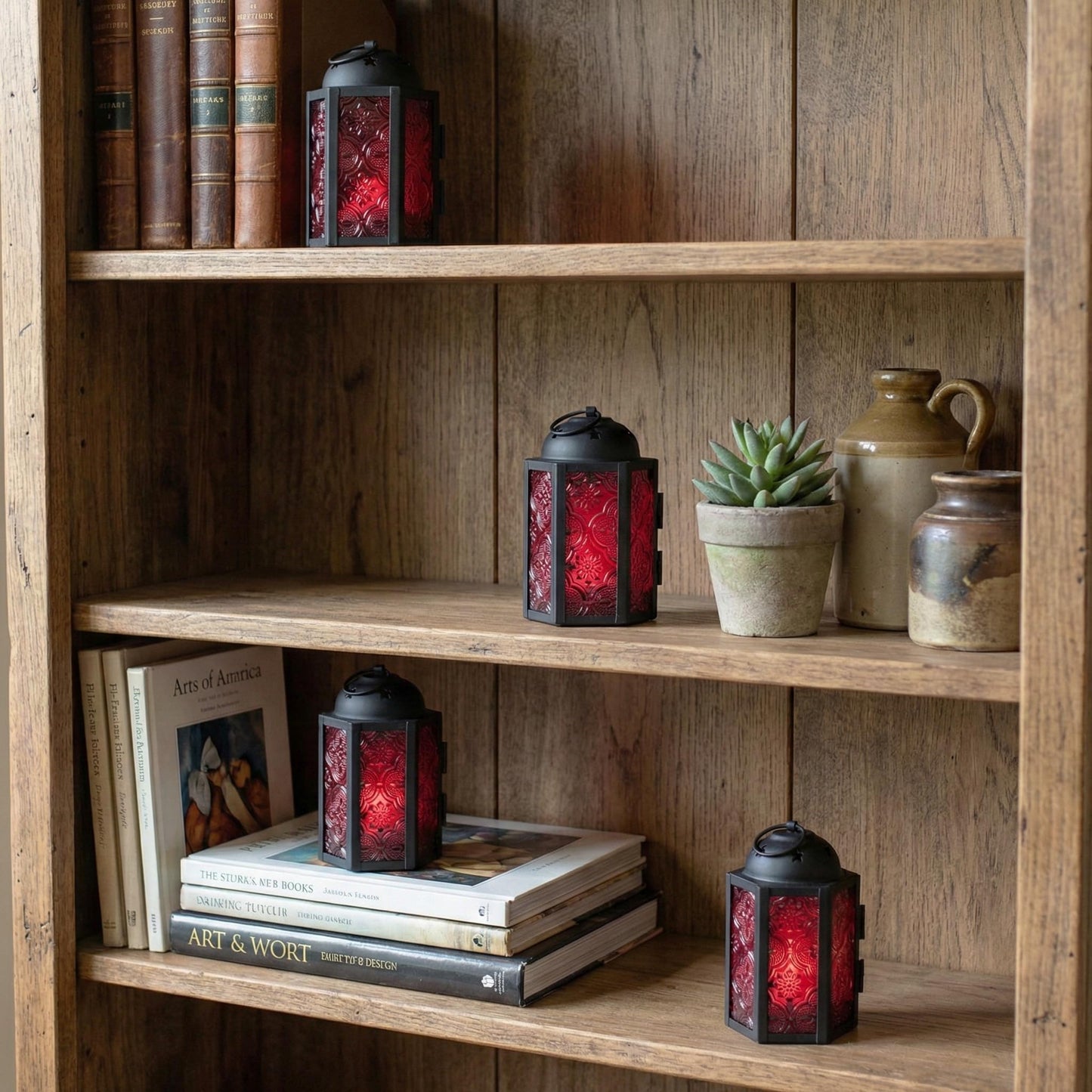 Mini Moroccan Tea Light Candle Holder Lanterns – 4.25" Small Decorative Lantern for Table or Hanging, Metal with Glass Panels – Ramadan, Wedding, Home Decor, Ru - Ruby Red 4 - PT02