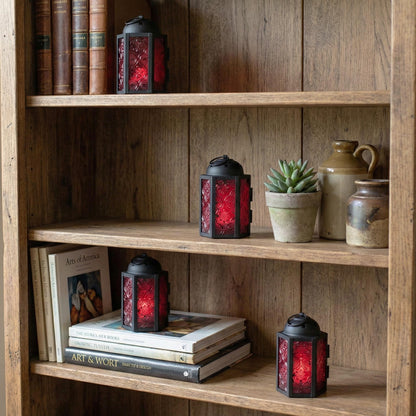 Mini Moroccan Tea Light Candle Holder Lanterns – 4.25" Small Decorative Lantern for Table or Hanging, Metal with Glass Panels – Ramadan, Wedding, Home Decor, Ru - Ruby Red 4 - PT02