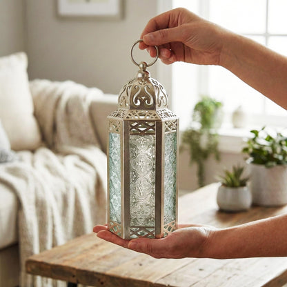 Black Metal Decorative Moroccan Lantern Candle Holder Lamp - Indoor/Outdoor, Home Decor, Patio, Weddings, Christmas - White Gold Medium - PT02
