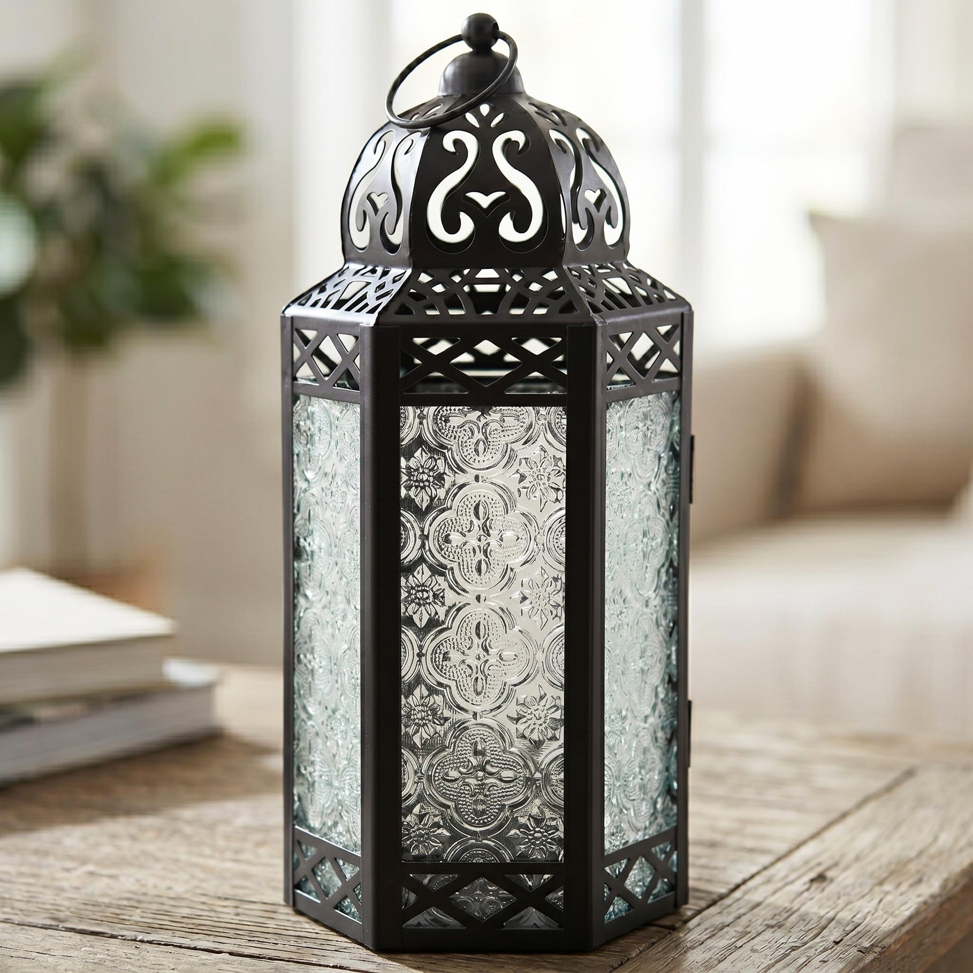 Black Metal Decorative Moroccan Lantern Candle Holder Lamp - Indoor/Outdoor, Home Decor, Patio, Weddings, Christmas - Clear Large - PT08
