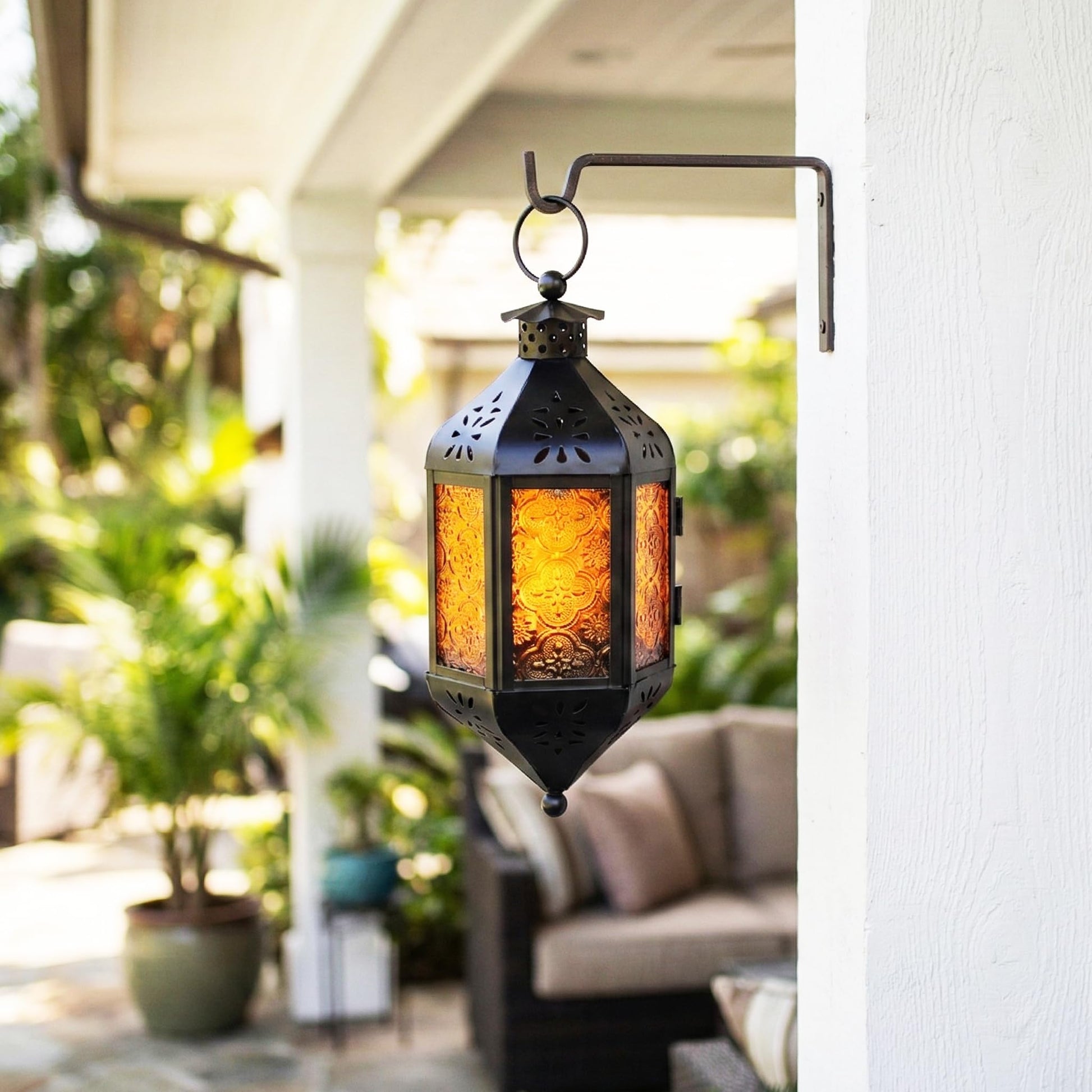 Hanging Moroccan Decorative Candle Lantern Holders for Outdoor Décor - Amber Orange Hanging - PT05