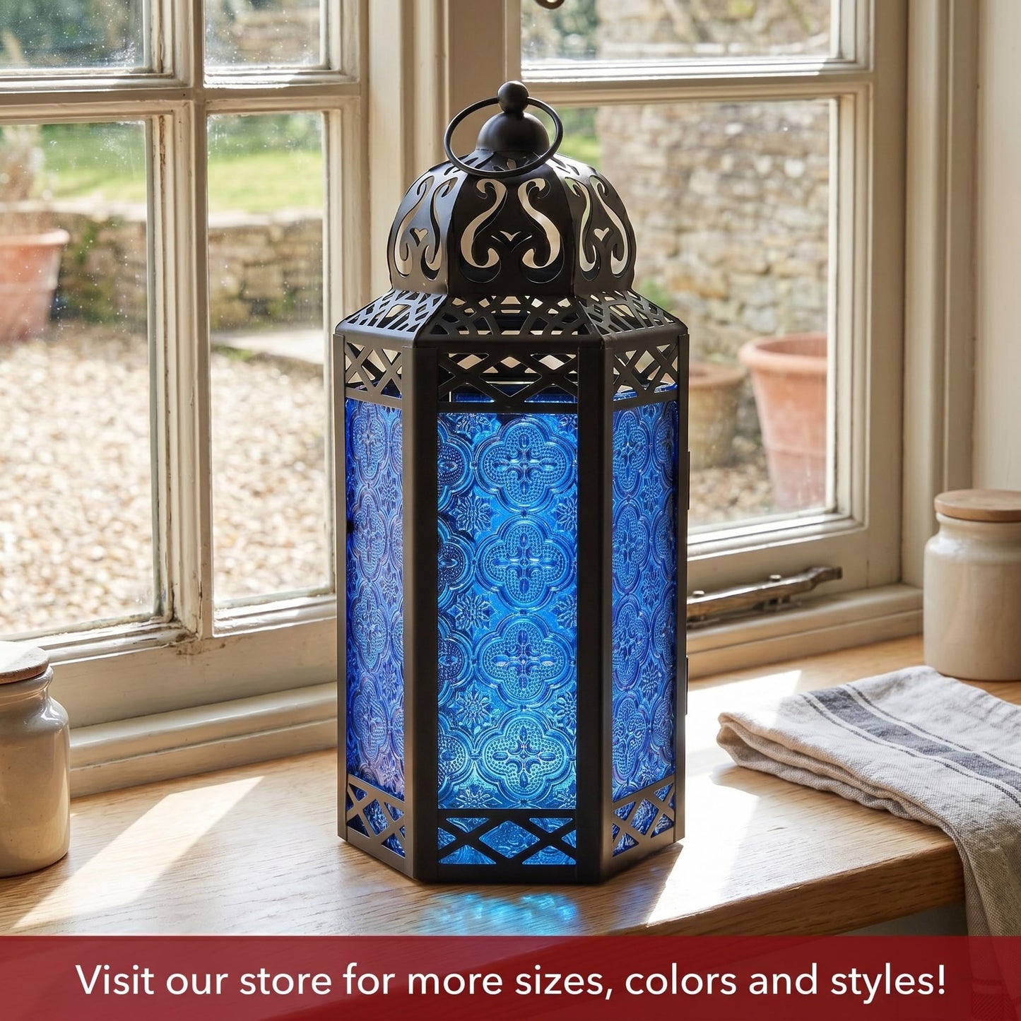 Black Metal Decorative Moroccan Lantern Candle Holder Lamp - Indoor/Outdoor, Home Decor, Patio, Weddings, Christmas - Cobalt Large - PT08