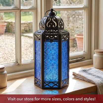 Black Metal Decorative Moroccan Lantern Candle Holder Lamp - Indoor/Outdoor, Home Decor, Patio, Weddings, Christmas - Cobalt Large - PT08
