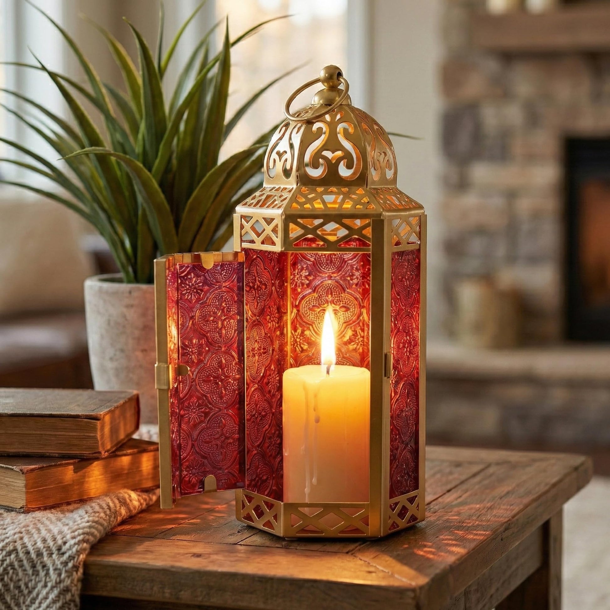 Gold Metal Decorative Moroccan Lantern Candle Holder Lamp - Indoor/Outdoor, Home Decor, Patio, Weddings, Christmas - Gold/Red Medium - PT04