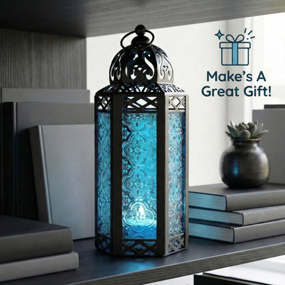 Black Metal Decorative Moroccan Lantern Candle Holder Lamp - Indoor/Outdoor, Home Decor, Patio, Weddings, Christmas - Blue Medium - PT01