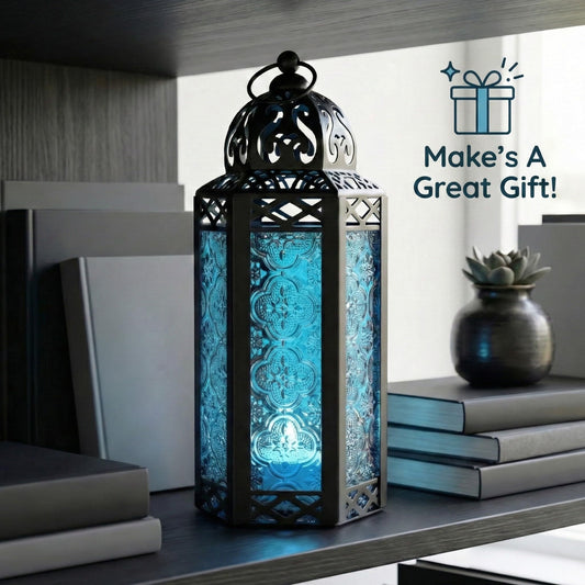 Black Metal Decorative Moroccan Lantern Candle Holder Lamp - Indoor/Outdoor, Home Decor, Patio, Weddings, Christmas - Blue Medium - PT01