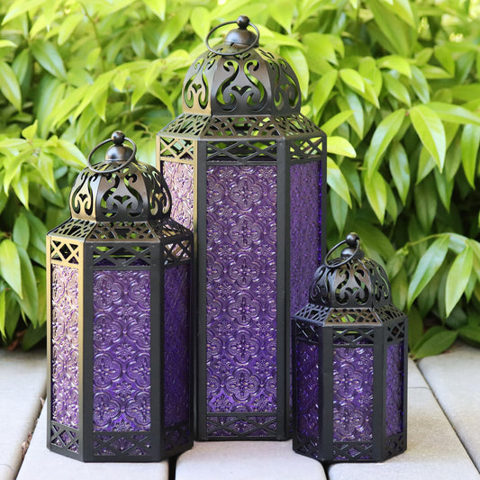 Set of 3 Purple Glass & Black Metal Moroccan Candle Lantern Holders (XL, Large, Small) - Decorative Indoor/Outdoor Decor for Patio, Floor, Weddings & Ramadan - Purple XL-LAR-SM - MAIN
