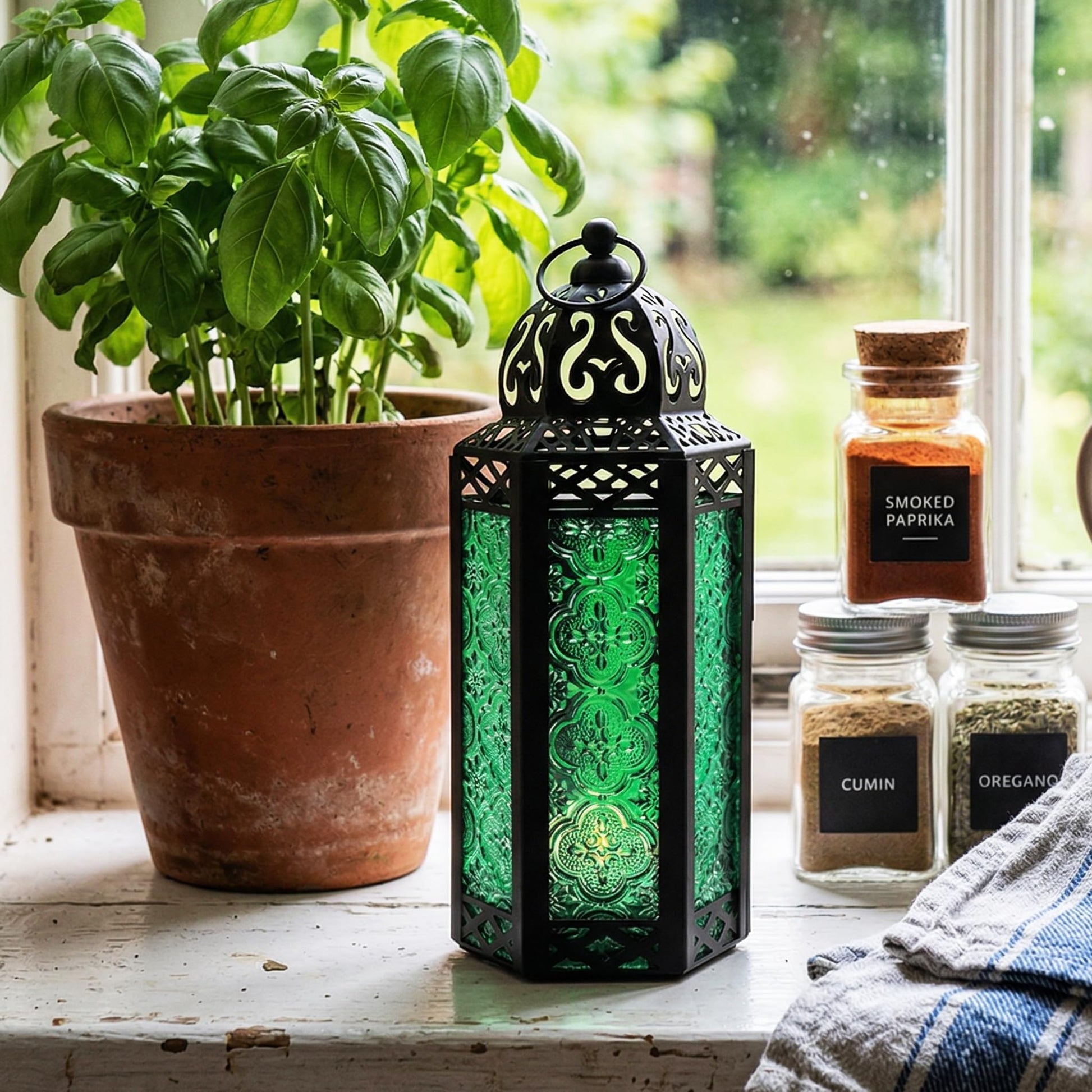 Black Metal Decorative Moroccan Lantern Candle Holder Lamp - Indoor/Outdoor, Home Decor, Patio, Weddings, Christmas - Green Medium - PT06
