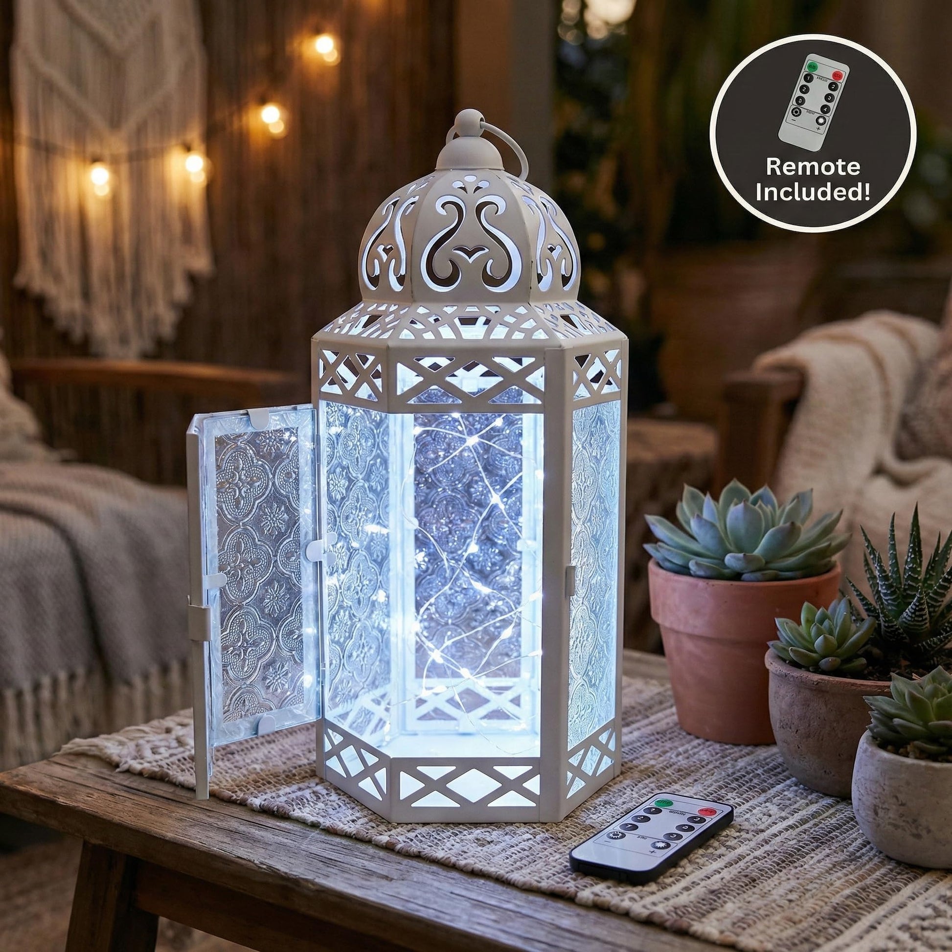 Metal Moroccan Decorative LED Fairy Lights Candle Lantern Holders for Indoor Home Fantasy Decor, Table Centerpieces, Outdoor Patio or Porch, Weddings, Medium - White Large - PT06