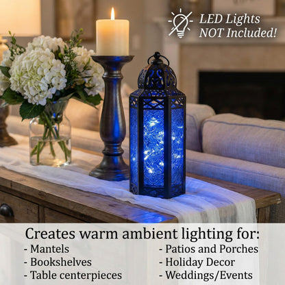 Black Metal Decorative Moroccan Lantern Candle Holder Lamp - Indoor/Outdoor, Home Decor, Patio, Weddings, Christmas - Cobalt Medium - PT02