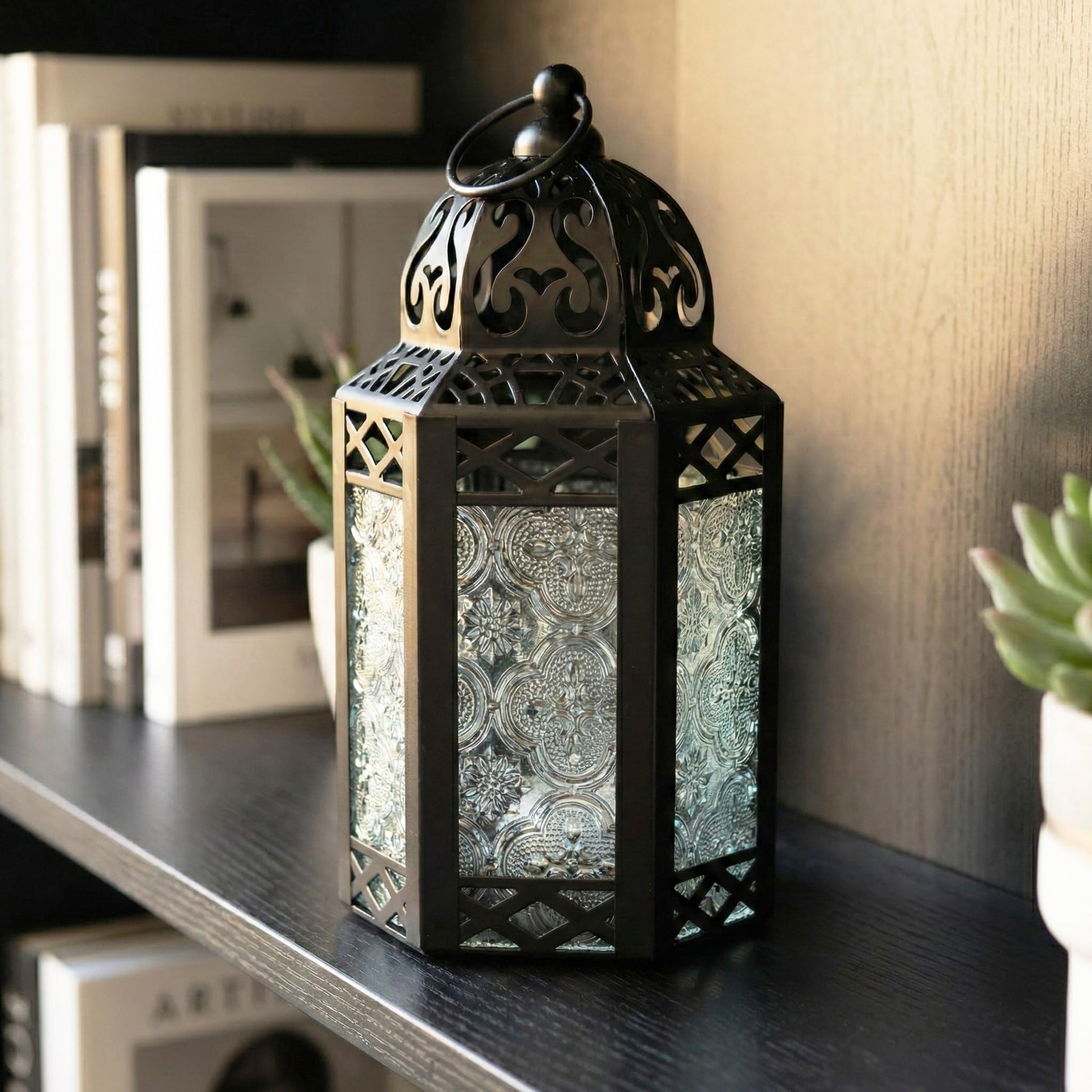 Black Metal Decorative Moroccan Lantern Candle Holder Lamp - Indoor/Outdoor, Home Decor, Patio, Weddings, Christmas - Clear Small - PT01
