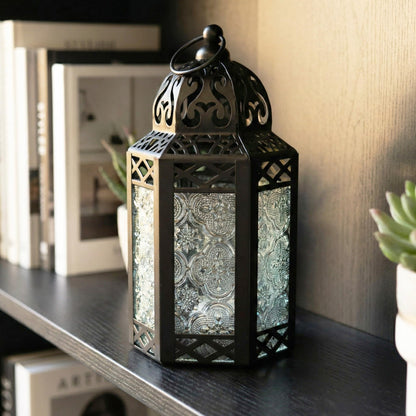Black Metal Decorative Moroccan Lantern Candle Holder Lamp - Indoor/Outdoor, Home Decor, Patio, Weddings, Christmas - Clear Small - PT01