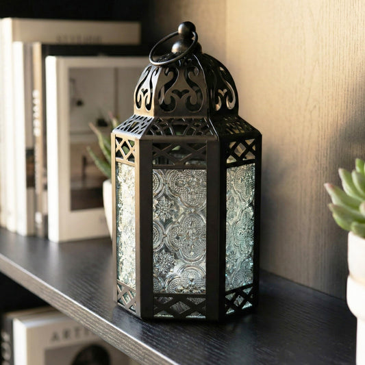 Black Metal Decorative Moroccan Lantern Candle Holder Lamp - Indoor/Outdoor, Home Decor, Patio, Weddings, Christmas - Clear Small - PT01