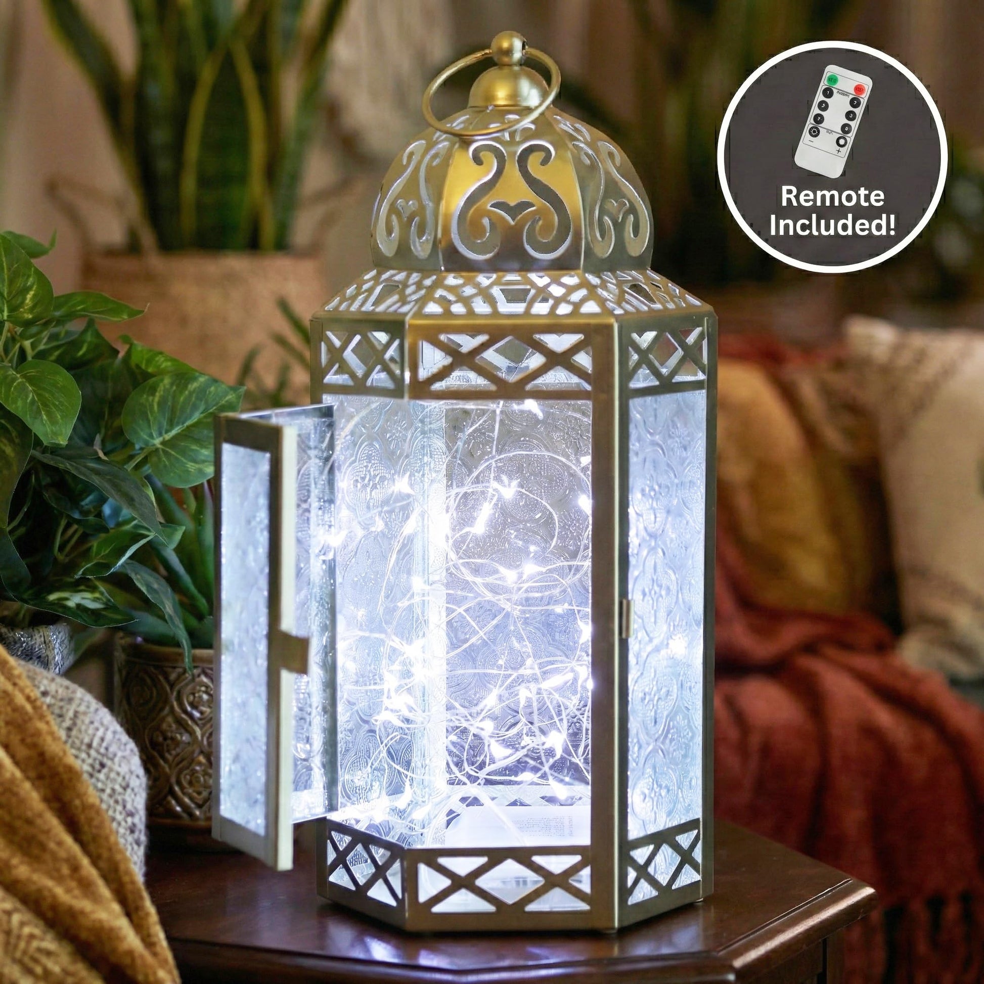Metal Moroccan Decorative LED Fairy Lights Candle Lantern Holders for Indoor Home Fantasy Decor, Table Centerpieces, Outdoor Patio or Porch, Weddings, Medium - White Gold Large - PT05
