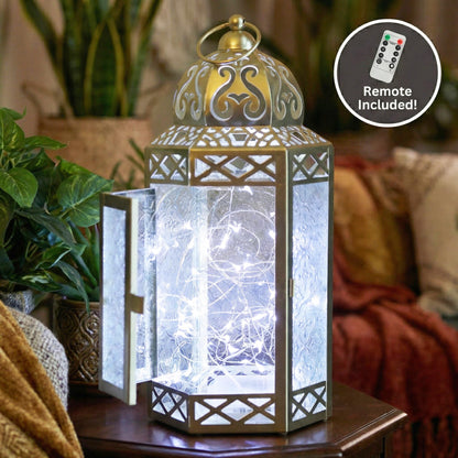Metal Moroccan Decorative LED Fairy Lights Candle Lantern Holders for Indoor Home Fantasy Decor, Table Centerpieces, Outdoor Patio or Porch, Weddings, Medium - White Gold Large - PT05