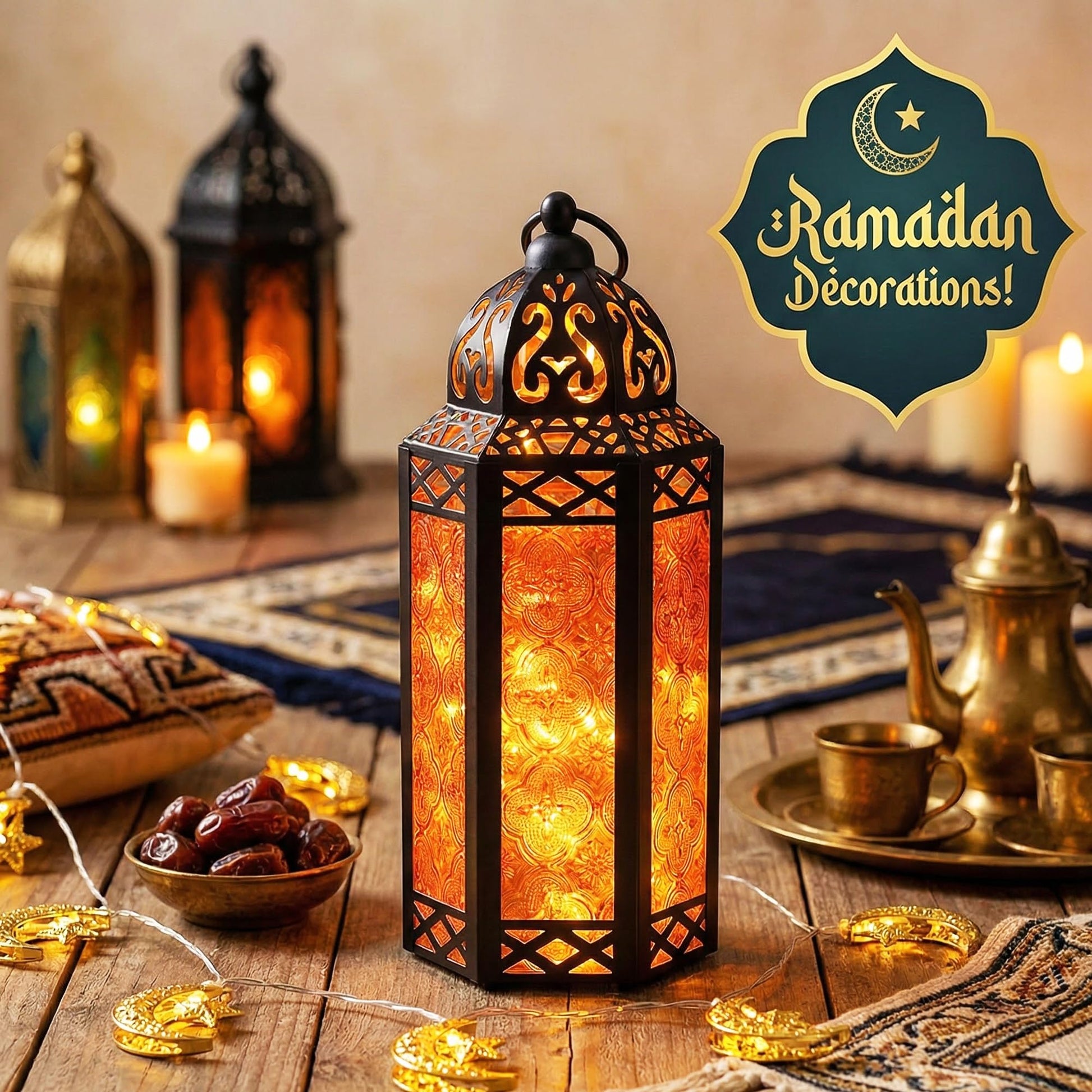 Metal Moroccan Decorative LED Fairy Lights Candle Lantern Holders for Indoor Home Fantasy Decor, Table Centerpieces, Outdoor Patio or Porch, Weddings, Medium - Amber Medium - PT02