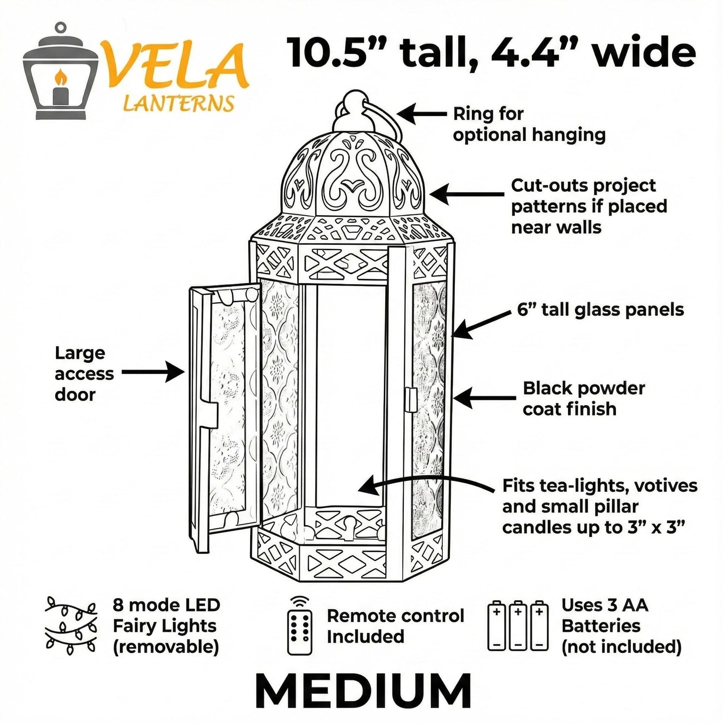 Metal Moroccan Decorative LED Fairy Lights Candle Lantern Holders for Indoor Home Fantasy Decor, Table Centerpieces, Outdoor Patio or Porch, Weddings, Medium - Amber Medium - PT03
