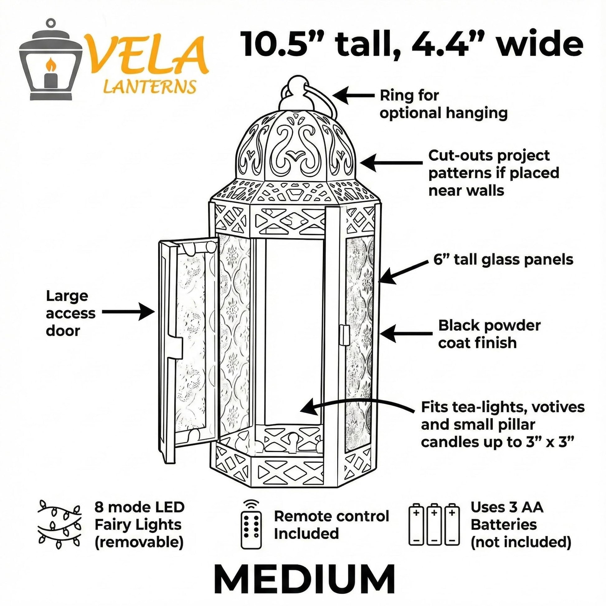 Metal Moroccan Decorative LED Fairy Lights Candle Lantern Holders for Indoor Home Fantasy Decor, Table Centerpieces, Outdoor Patio or Porch, Weddings, Medium - Amber Medium - PT03