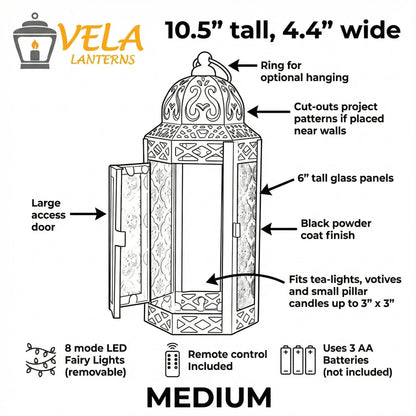 Metal Moroccan Decorative LED Fairy Lights Candle Lantern Holders for Indoor Home Fantasy Decor, Table Centerpieces, Outdoor Patio or Porch, Weddings, Medium - Amber Medium - PT03