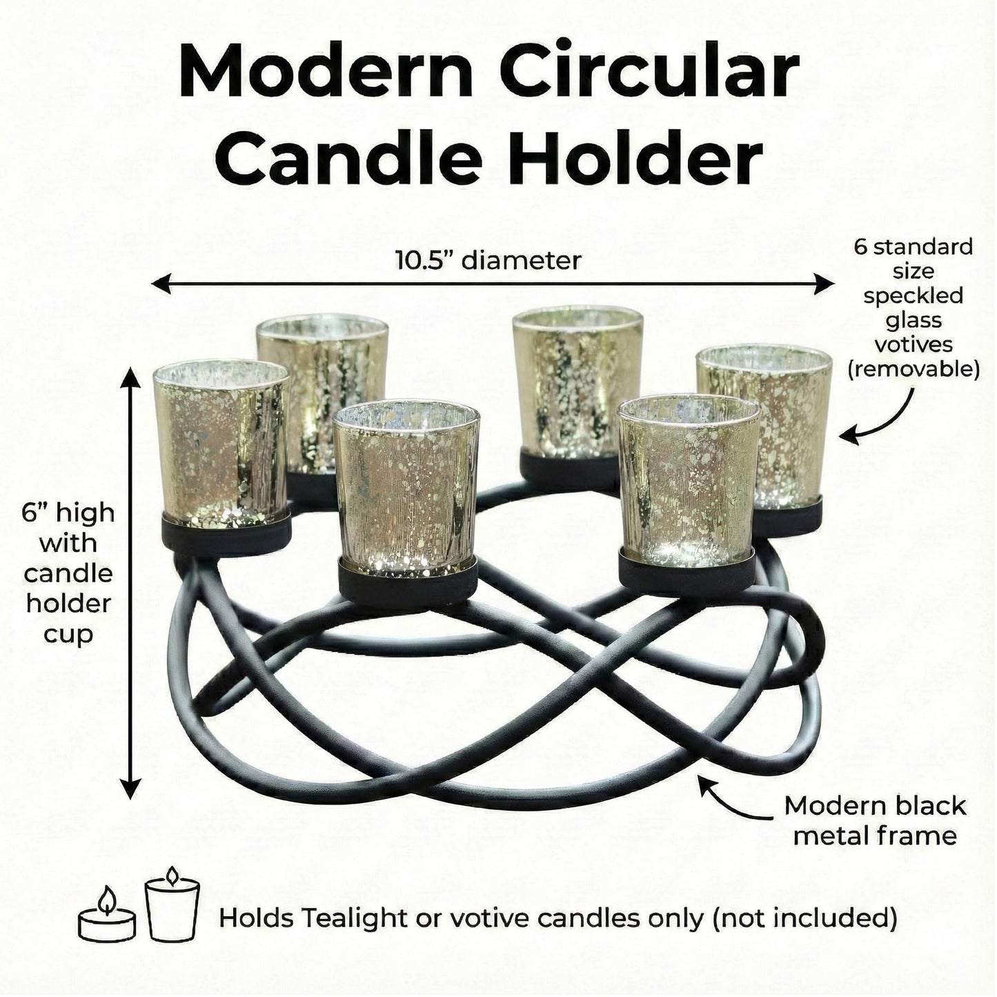 Iron Round Table Decor Centerpiece Decorations Candle Holder for Weddings, Outdoor Patio, Kitchen, Dining Room, and Coffee Tables, Glass Votive Tealight Holders - Black/Gold 6-Cup - PT03