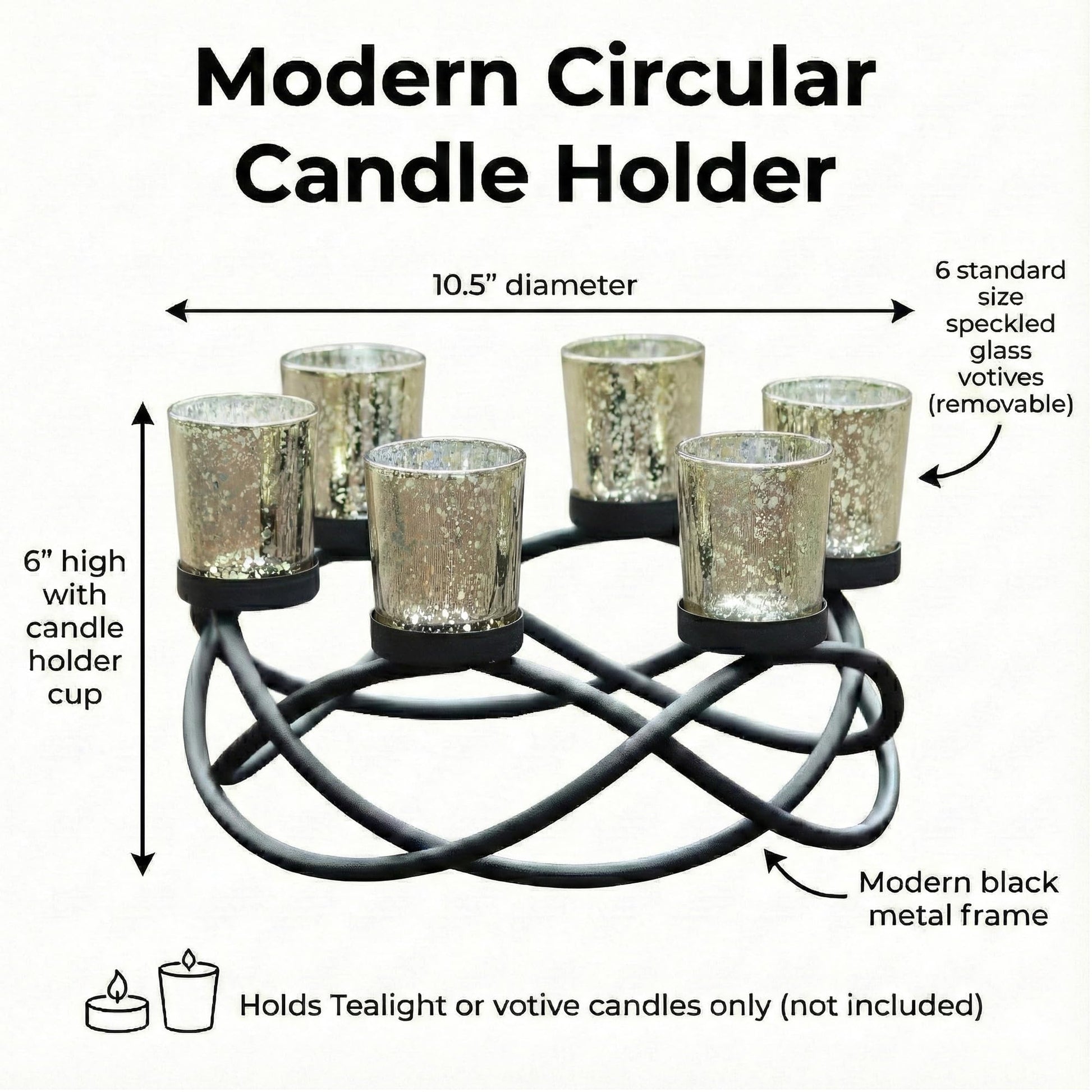 Iron Round Table Decor Centerpiece Decorations Candle Holder for Weddings, Outdoor Patio, Kitchen, Dining Room, and Coffee Tables, Glass Votive Tealight Holders - Black/Gold 6-Cup - PT03