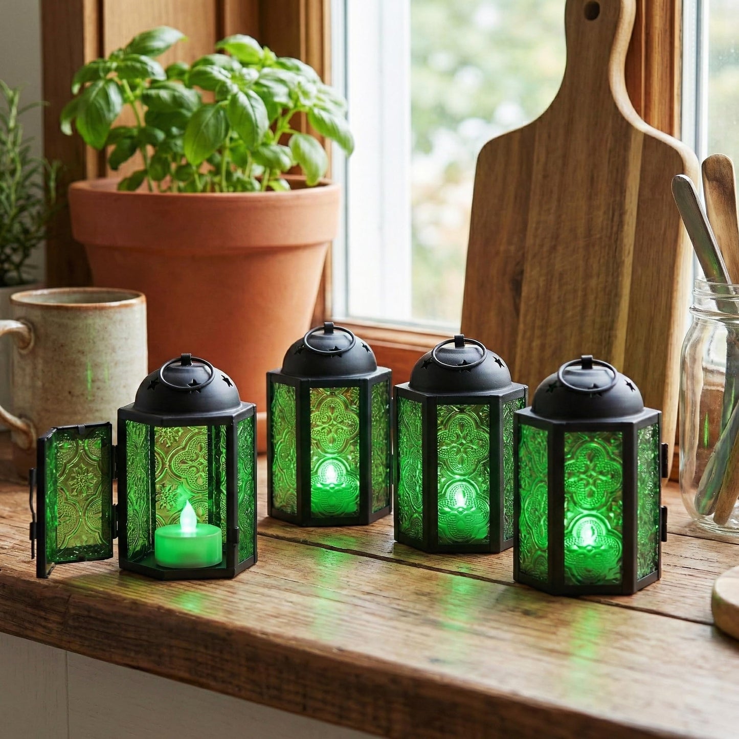 Mini Moroccan Tea Light Candle Holder Lanterns – 4.25" Small Decorative Lantern for Table or Hanging, Metal with Glass Panels – Ramadan, Wedding, Home Decor, Em - Emerald Green 4 - PT06