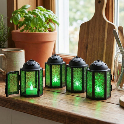Mini Moroccan Tea Light Candle Holder Lanterns – 4.25" Small Decorative Lantern for Table or Hanging, Metal with Glass Panels – Ramadan, Wedding, Home Decor, Em - Emerald Green 4 - PT06