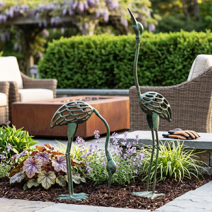 Cast Iron Metal Crane/Heron Bird Garden Art Sculptures Statues for Indoor or Outdoor Lawn Decor, Antique Green, Set of 2 - Antique Green Garden Crane Set of 2 - PT02