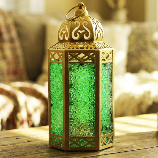 Gold Metal Decorative Moroccan Lantern Candle Holder Lamp - Indoor/Outdoor, Home Decor, Patio, Weddings, Christmas - Gold/Green Large - MAIN
