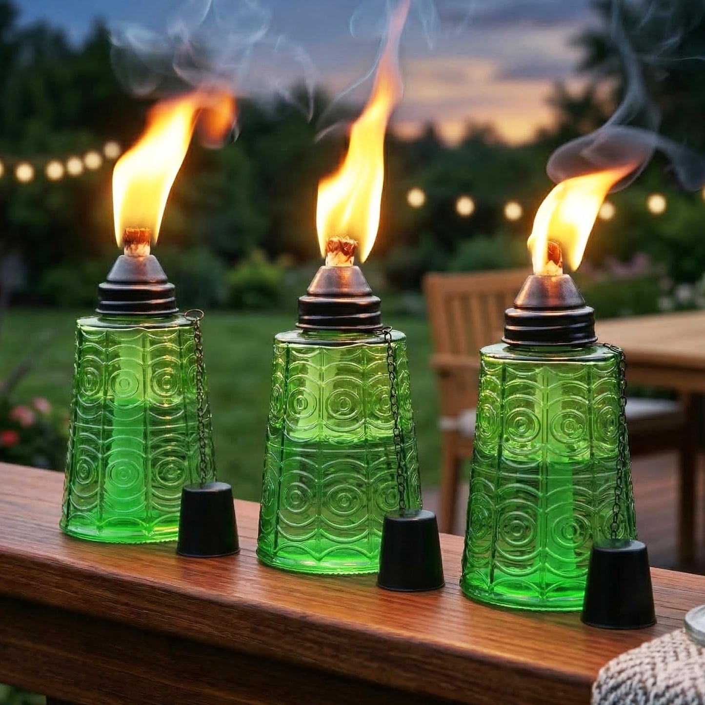 Citronella Table Top Torches for Outdoor Patio, 16oz Decorative Glass Torch Citronella Candles for Outside Deck, Garden, Parties, Set of 3, Green - Green - PT01
