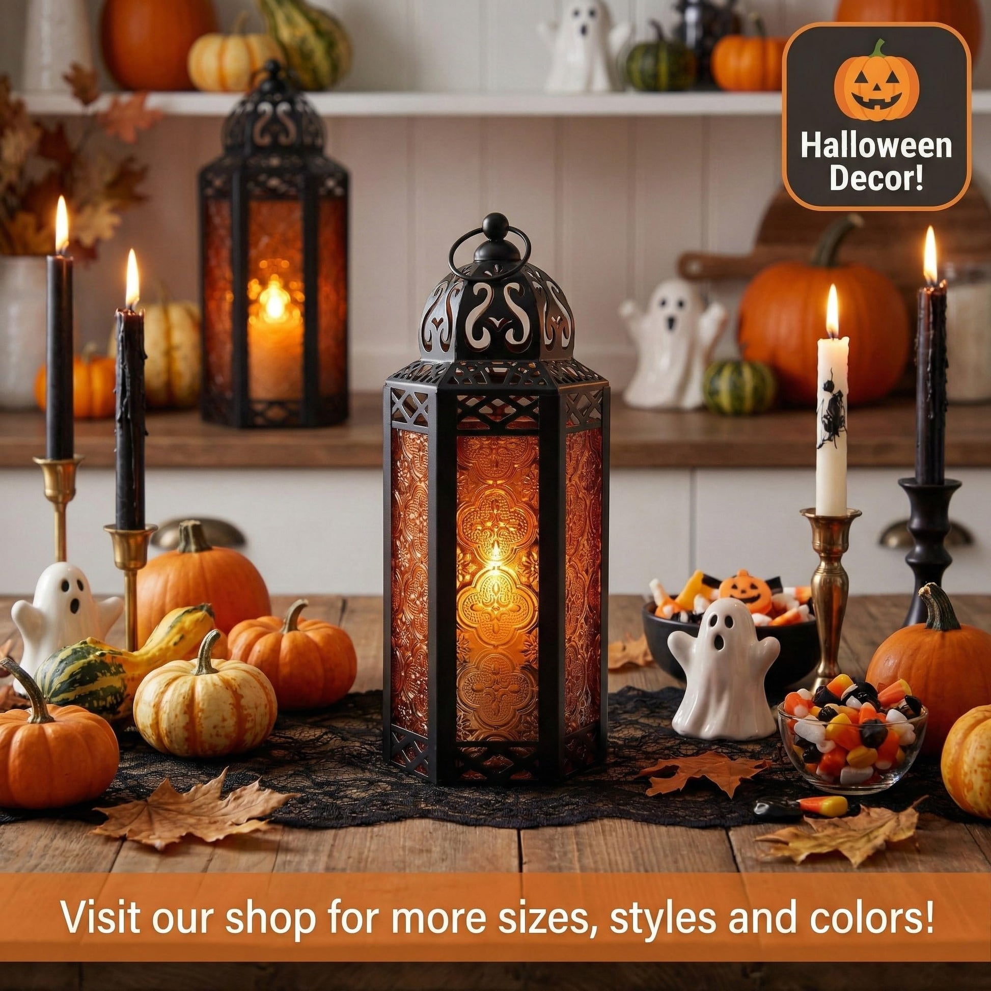 Black Metal Decorative Moroccan Lantern Candle Holder Lamp - Indoor/Outdoor, Home Decor, Patio, Weddings, Christmas - Amber Medium - PT03