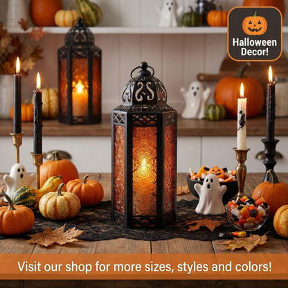 Black Metal Decorative Moroccan Lantern Candle Holder Lamp - Indoor/Outdoor, Home Decor, Patio, Weddings, Christmas - Amber Medium - PT03