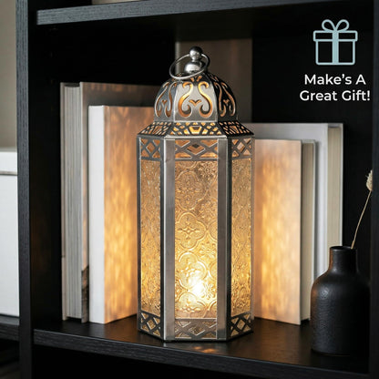 Black Metal Decorative Moroccan Lantern Candle Holder Lamp - Indoor/Outdoor, Home Decor, Patio, Weddings, Christmas - Silver Medium - PT02