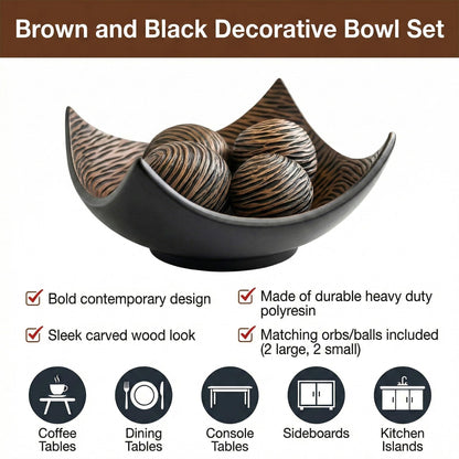 5pc Large Decorative Scoop Bowl Set with Stylish Orbs/Balls – Elegant Centerpiece for Dining/Kitchen Table, Living Room, or Office Decor, 14" diagonal. 11" wide - Brown 14 inches - PT01