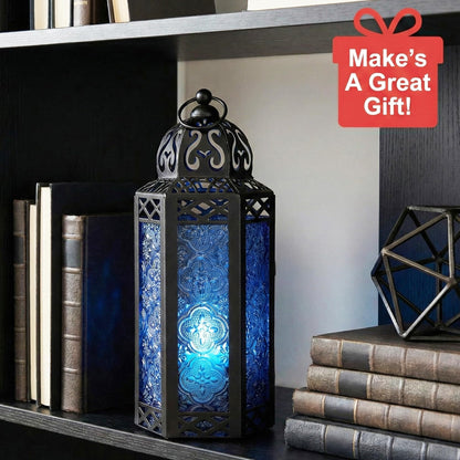 Black Metal Decorative Moroccan Lantern Candle Holder Lamp - Indoor/Outdoor, Home Decor, Patio, Weddings, Christmas - Cobalt Medium - PT01
