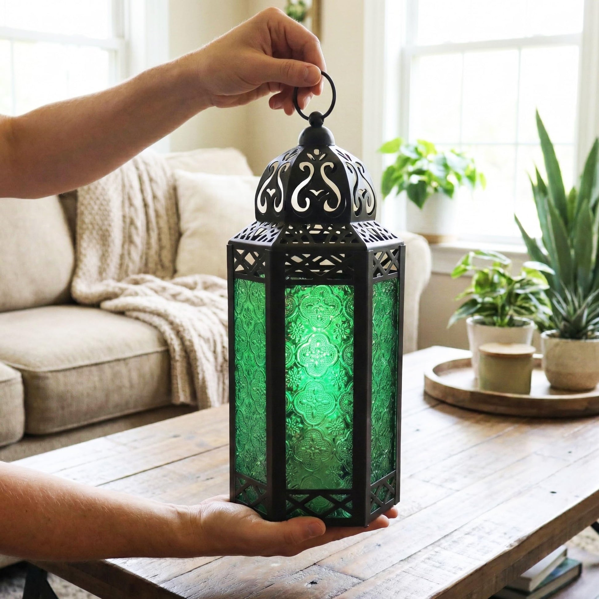 Black Metal Decorative Moroccan Lantern Candle Holder Lamp - Indoor/Outdoor, Home Decor, Patio, Weddings, Christmas - Green Large - PT05