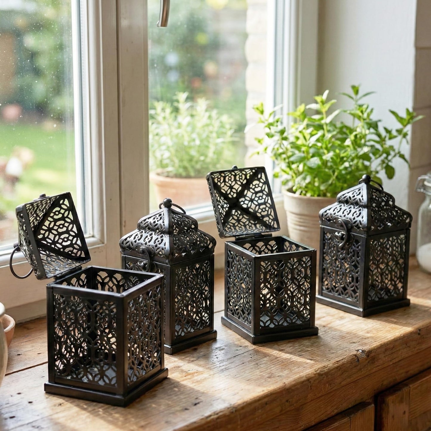 Mini Golden Tower Temple Moroccan Lantern Lamp Decorative Candle Holders for Ramadan Decorations, Hanging, Outdoor Patio or Porch, Indoor Home Decor, Set of 4 - Black Mini - PT06