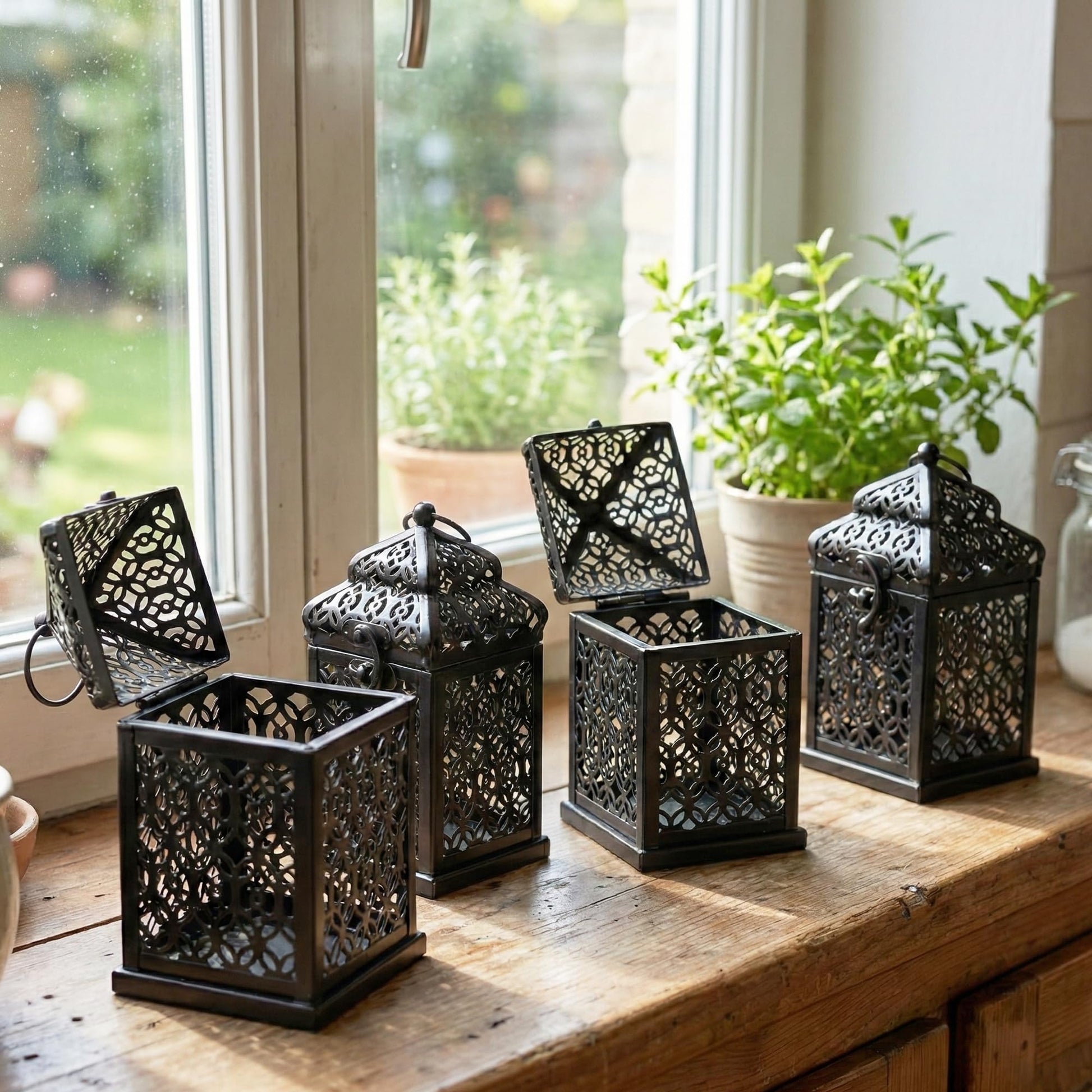 Mini Golden Tower Temple Moroccan Lantern Lamp Decorative Candle Holders for Ramadan Decorations, Hanging, Outdoor Patio or Porch, Indoor Home Decor, Set of 4 - Black Mini - PT06