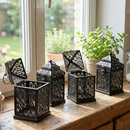 Mini Golden Tower Temple Moroccan Lantern Lamp Decorative Candle Holders for Ramadan Decorations, Hanging, Outdoor Patio or Porch, Indoor Home Decor, Set of 4 - Black Mini - PT06