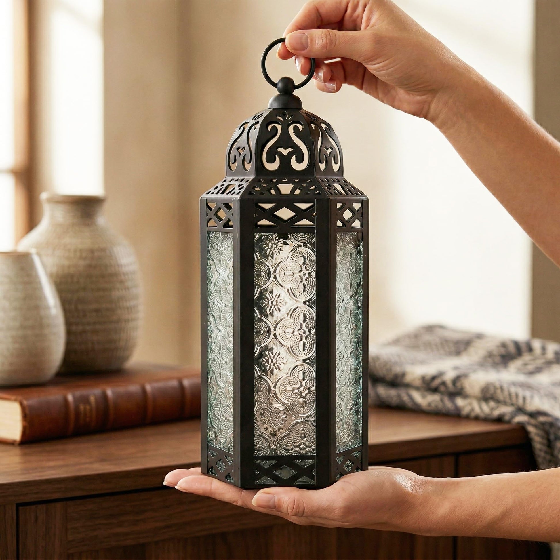 Black Metal Decorative Moroccan Lantern Candle Holder Lamp - Indoor/Outdoor, Home Decor, Patio, Weddings, Christmas - Clear Medium - PT04