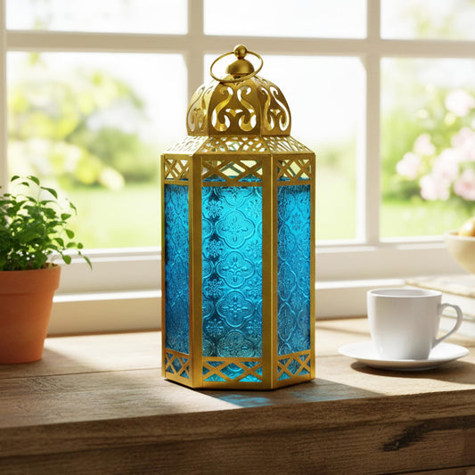 Gold Metal Decorative Moroccan Lantern Candle Holder Lamp - Indoor/Outdoor, Home Decor, Patio, Weddings, Christmas - Gold/Blue Large - PT01