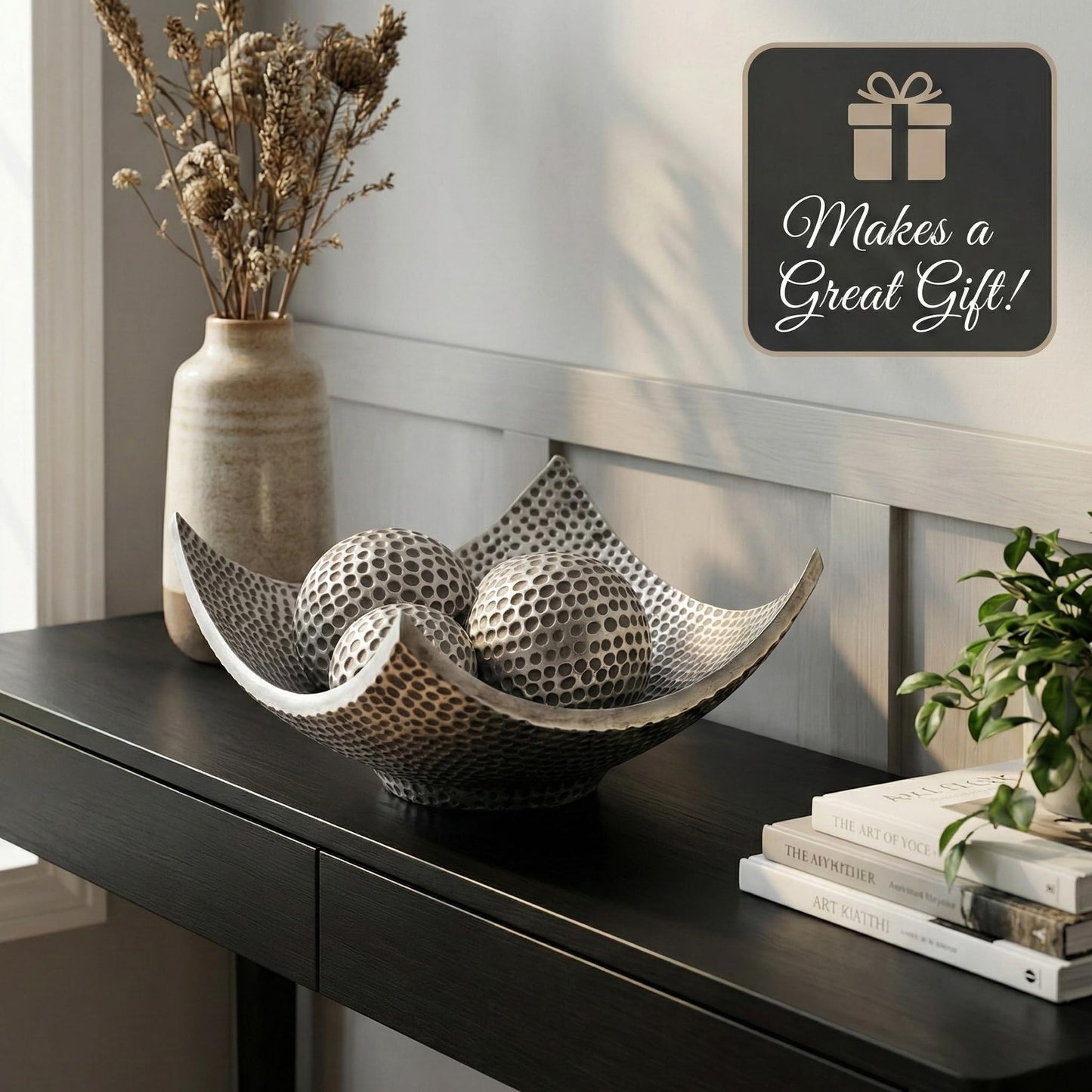 5pc Bowl Table Centerpieces for Dining Room, Large Decorative Bowls for Coffee Table Decor, Kitchen, Orbs/Balls Included, Silver - Silver Large - PT05