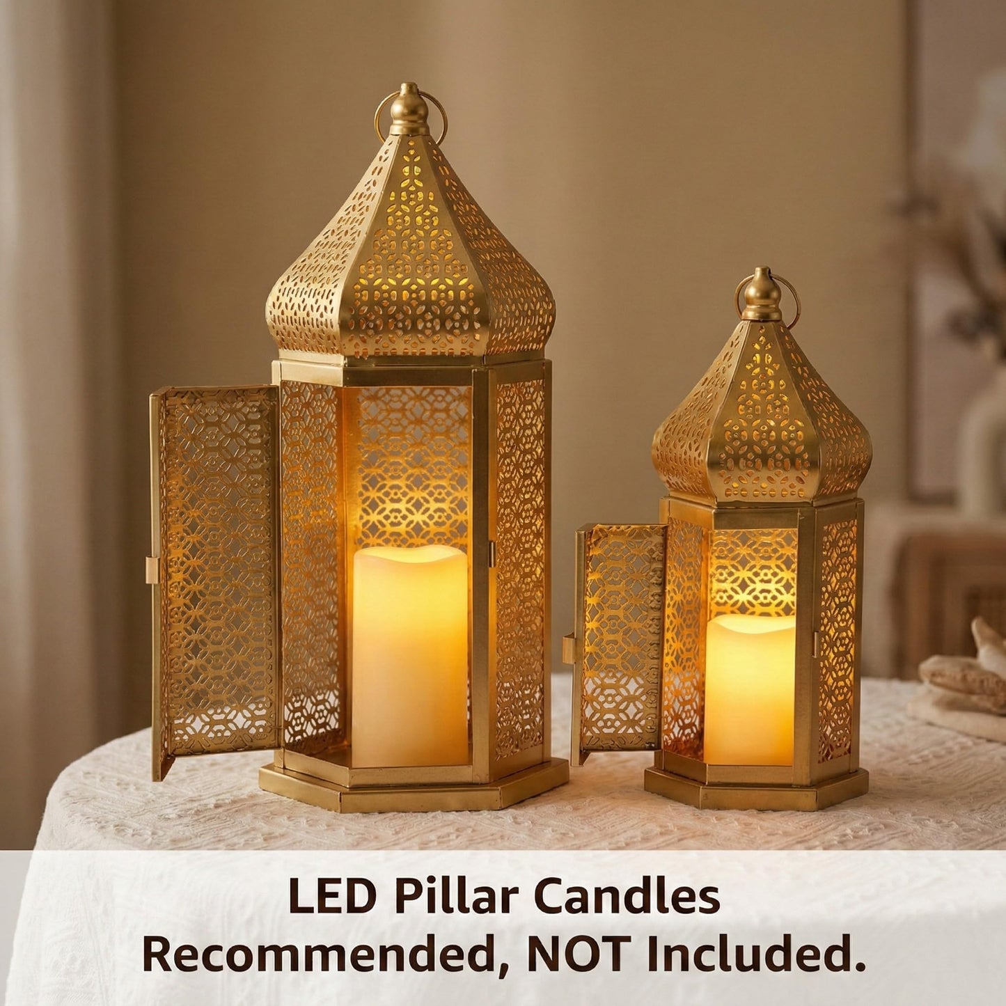 Tower Temple Moroccan Lantern Lamp Decorative Candle Holders - Gold Set of 2 - PT03